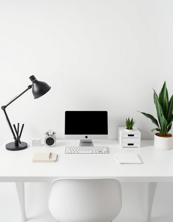 workplace with computer, lamp, notebook and plant on white table
