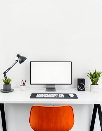 Modern workspace with computer, keyboard and mouse on white table. Mock up