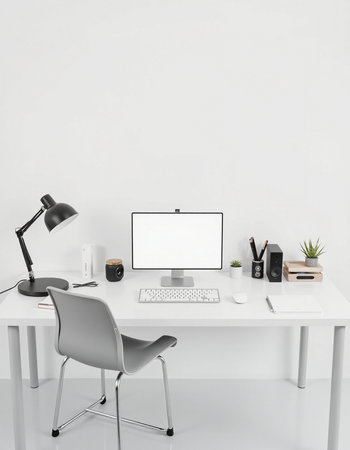 workplace with computer, lamp and stationery. 3d rendering