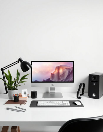 workplace with computer, keyboard and mouse. 3d rendering.の写真素材