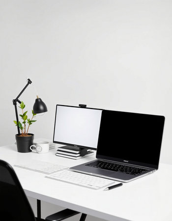 Modern workspace with blank screen computer, coffee cup and other items on white table