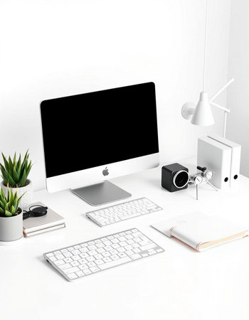 Modern workspace with computer, keyboard, mouse, notebook, stationery and decorations on white...