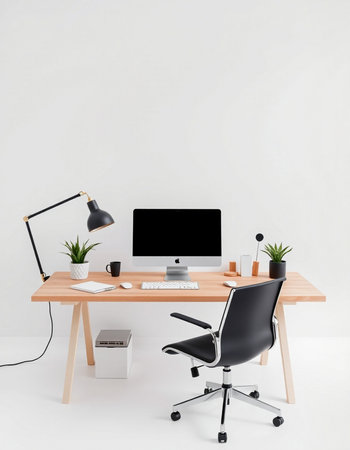 3D Rendering : illustration of modern workplace with computer, lamp and other items on white backgroundの写真素材