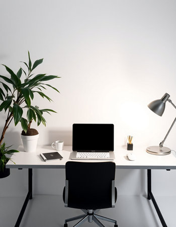 Minimalistic workplace with laptop, coffee cup, stationery and plant. 3D Renderingの写真素材