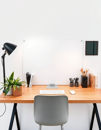 Interior of modern office workplace with blank white poster, computer and other itemsの写真素材