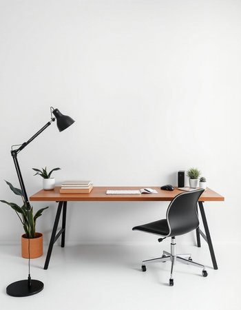 Workplace with computer, lamp and plant in vase on tableの写真素材