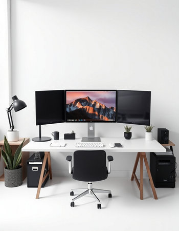 Workplace in modern office with computers and equipment. 3d rendering.