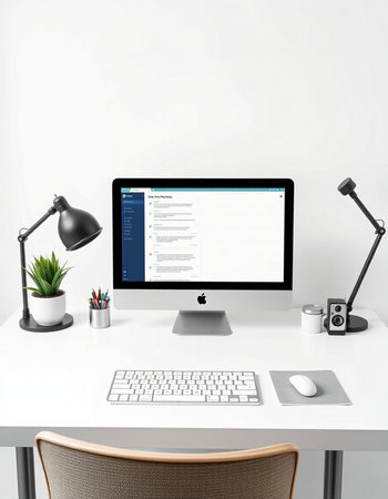 Workplace with computer, keyboard, mouse, lamp and coffee cup