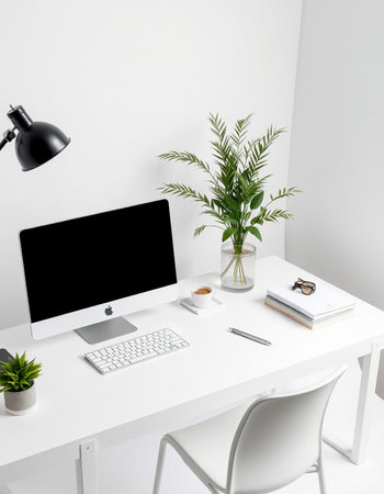Modern workplace with computer, stationery and plant on table in office