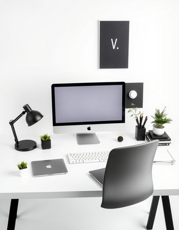 Modern workspace with computer and office supplies. 3d render illustration.