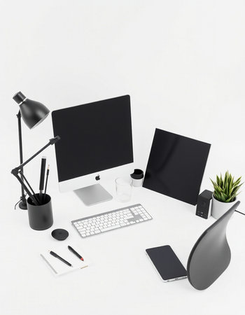 Modern workspace with computer, tablet, mobile phone, stationery and coffee cup.の写真素材