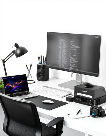 3D rendering of a modern designer desktop with a computer, laptop and graphics