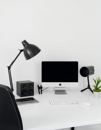 Modern workspace with computer, mouse and lamp on white table