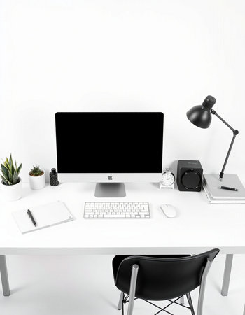 Modern workspace with computer, keyboard, mouse and other supplies on white backgroundの写真素材