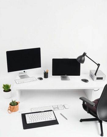 workplace with computer, keyboard, mouse and coffee cup on white background