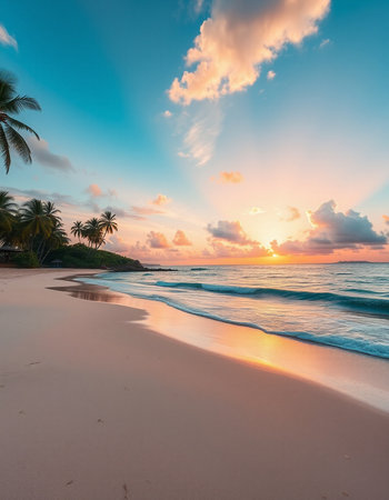 Beautiful tropical beach and sea with coconut palm tree at sunset timeの写真素材