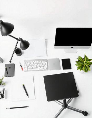 Modern workplace with computer, supplies and coffee cup on white background. Flat lay, top view