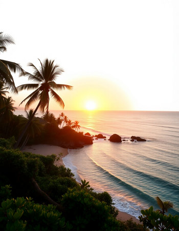 Sunset on the beach with palm trees and rocks.