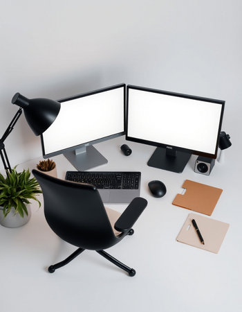 Modern office desk with computer and supplies. Workplace with blank screen.