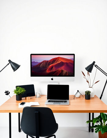 Workplace with computer on wooden desk and white wall. 3d renderingの写真素材
