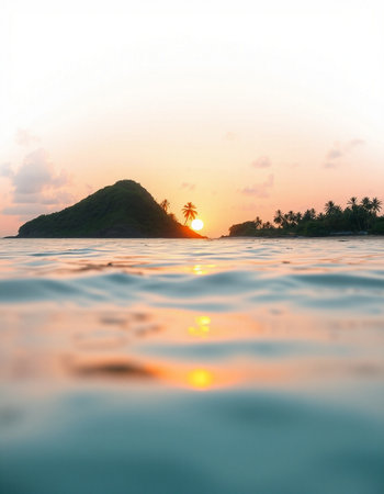 Tropical island with palm trees in the sea at sunset.