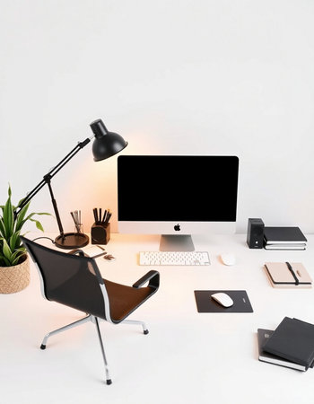 Modern workplace with computer, stationery and lamp on white wall background