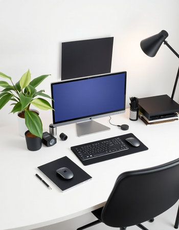 Modern designer desktop with blank computer screen, keyboard, mouse, coffee cup and other items. 3D...