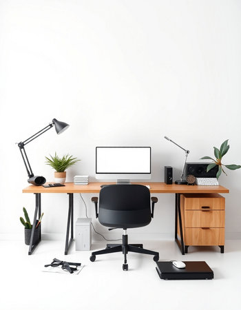 Workplace with computer, stationery and plants on white wall background
