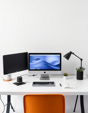 Modern workspace with computer, lamp and coffee cup. 3d rendering