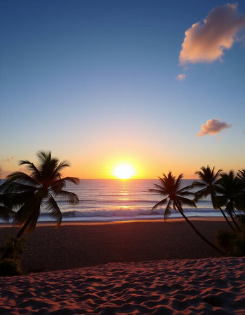 Sunset on the beach with coconut palm trees and sand dunes