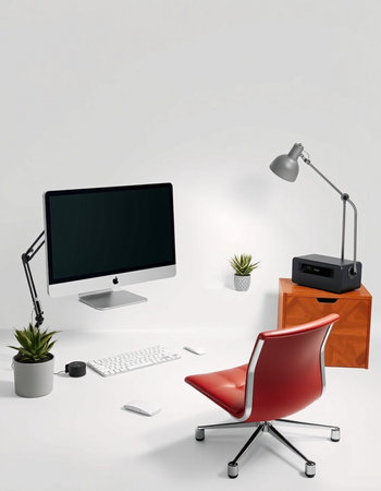 Modern office interior with computer and chair. Workplace concept. 3D Renderingの写真素材