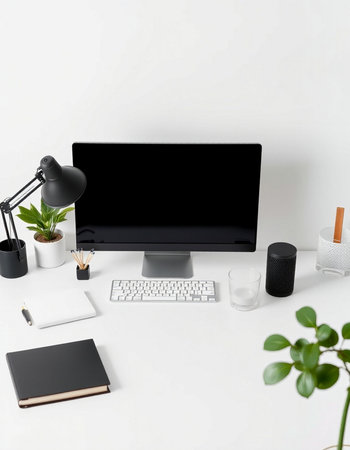 Modern workspace with blank computer monitor, stationery and other items on white background. Mock up, 3D Renderingの写真素材