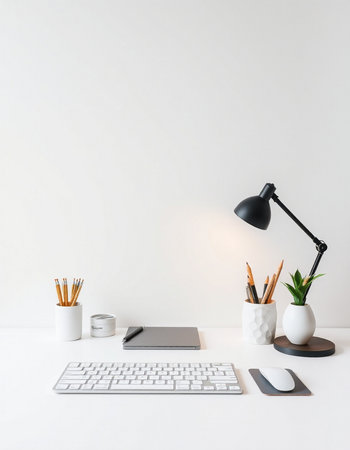 Minimalistic workspace with computer, keyboard, coffee cup, lamp and other itemsの写真素材