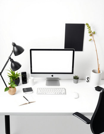 Modern workplace with blank screen computer, supplies and coffee cup on white table