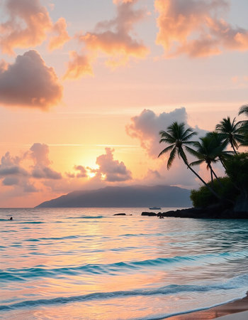Tropical beach with palm trees at sunset, Seychellesの写真素材