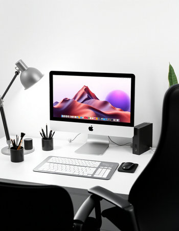 3D rendering modern designer desktop with computer and other objectsの写真素材