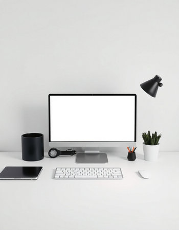 Modern workspace with computer, keyboard, mouse, mouse and other accessories. Mock upの写真素材