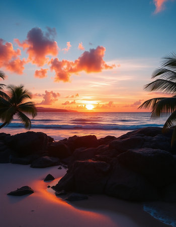 Beautiful sunset on the beach with palm trees, Seychelles