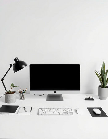 Modern workplace with computer, supplies and decorations on white background. Workplace concept