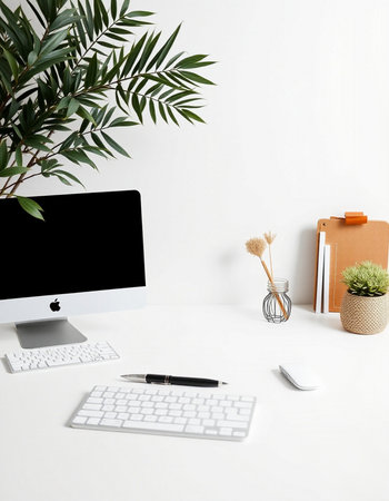 Minimal workspace with computer, keyboard, stationery and plant on white backgroundの写真素材