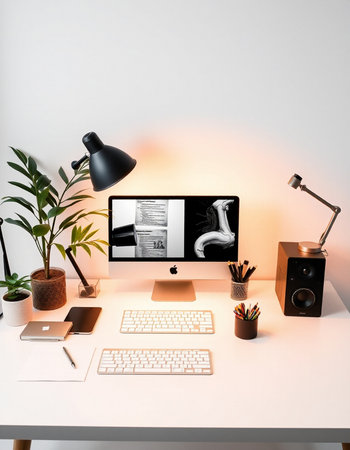 Modern workspace with computer, keyboard, mouse, lamp and other itemsの写真素材