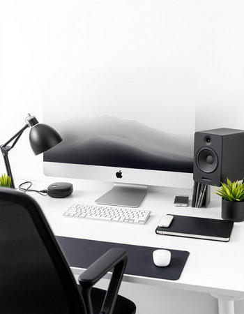 workplace with computer on desk and black chair, 3d render