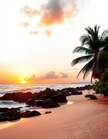 Beautiful tropical beach and sea with coconut palm tree at sunset time