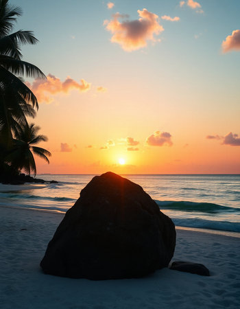 Beautiful sunset on the beach with big stone and coconut palm treeの写真素材