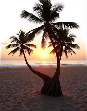Coconut tree on the beach at sunset. 3d renderの写真素材