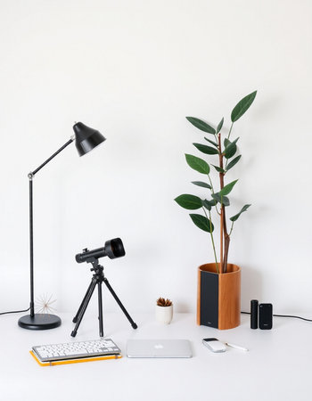 Interior of modern office with laptop, smartphone and plantsの写真素材