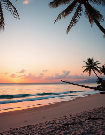 Beautiful tropical beach and sea with coconut palm tree at sunset time - Holiday Vacation conceptの写真素材