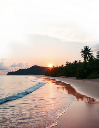 Tropical beach with palm trees at sunset, Seychelles