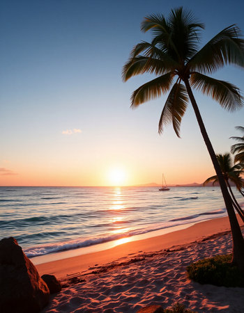 Beautiful sunset on the beach with palm trees and sailboat.の写真素材