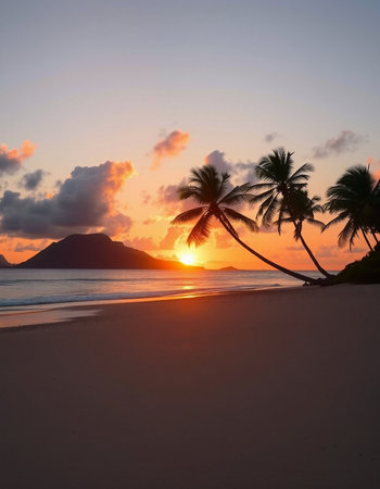 Beautiful sunset on the beach in Seychelles, Maheの写真素材